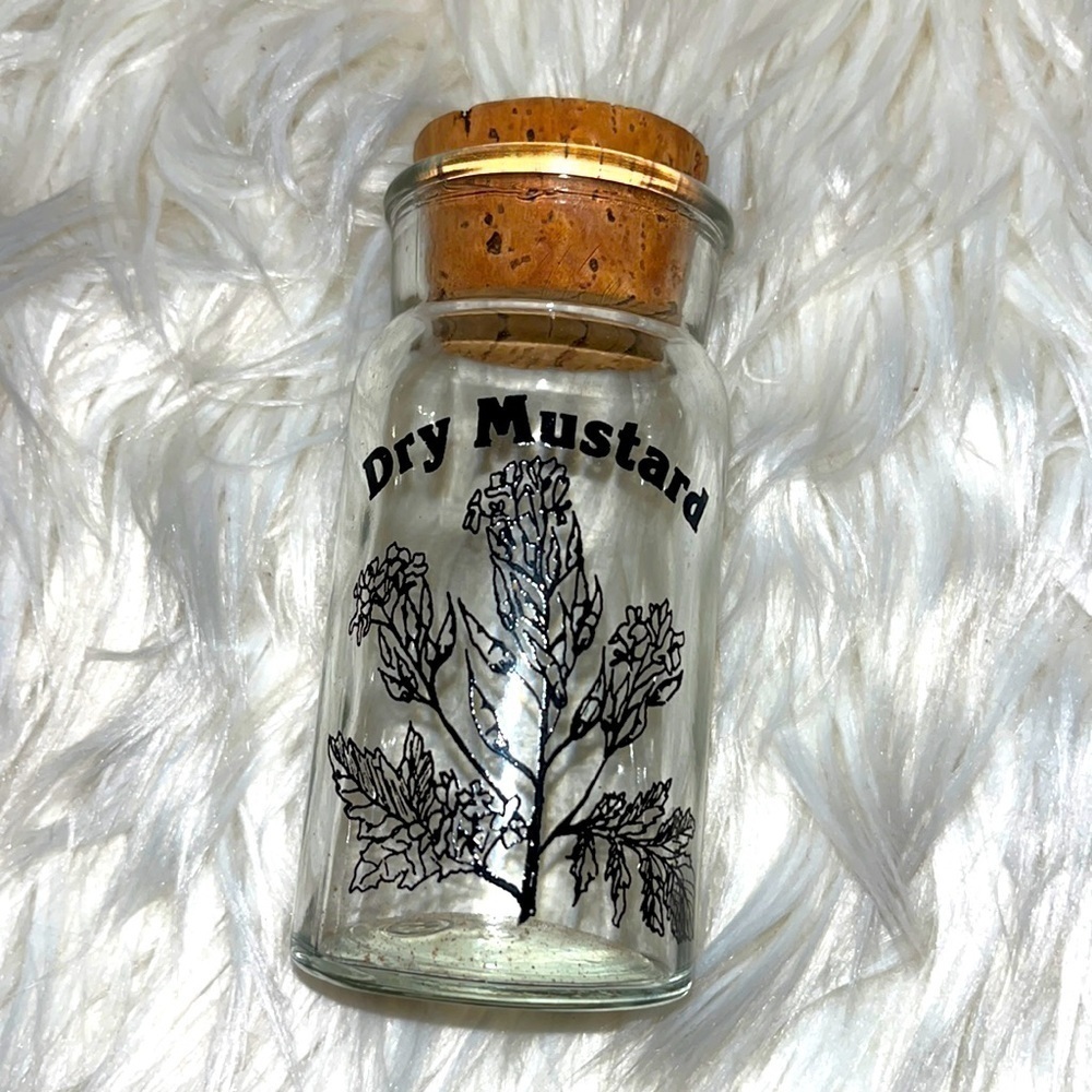 Vintage dry mustard 1970s Wheaton glass spice jar.